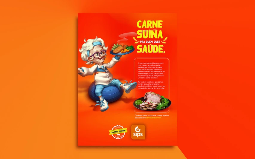 Anúncio da campanha: “Carne suína pra quem quer saúde”, com personagem ilustrada e informações nutricionais sobre o produto.