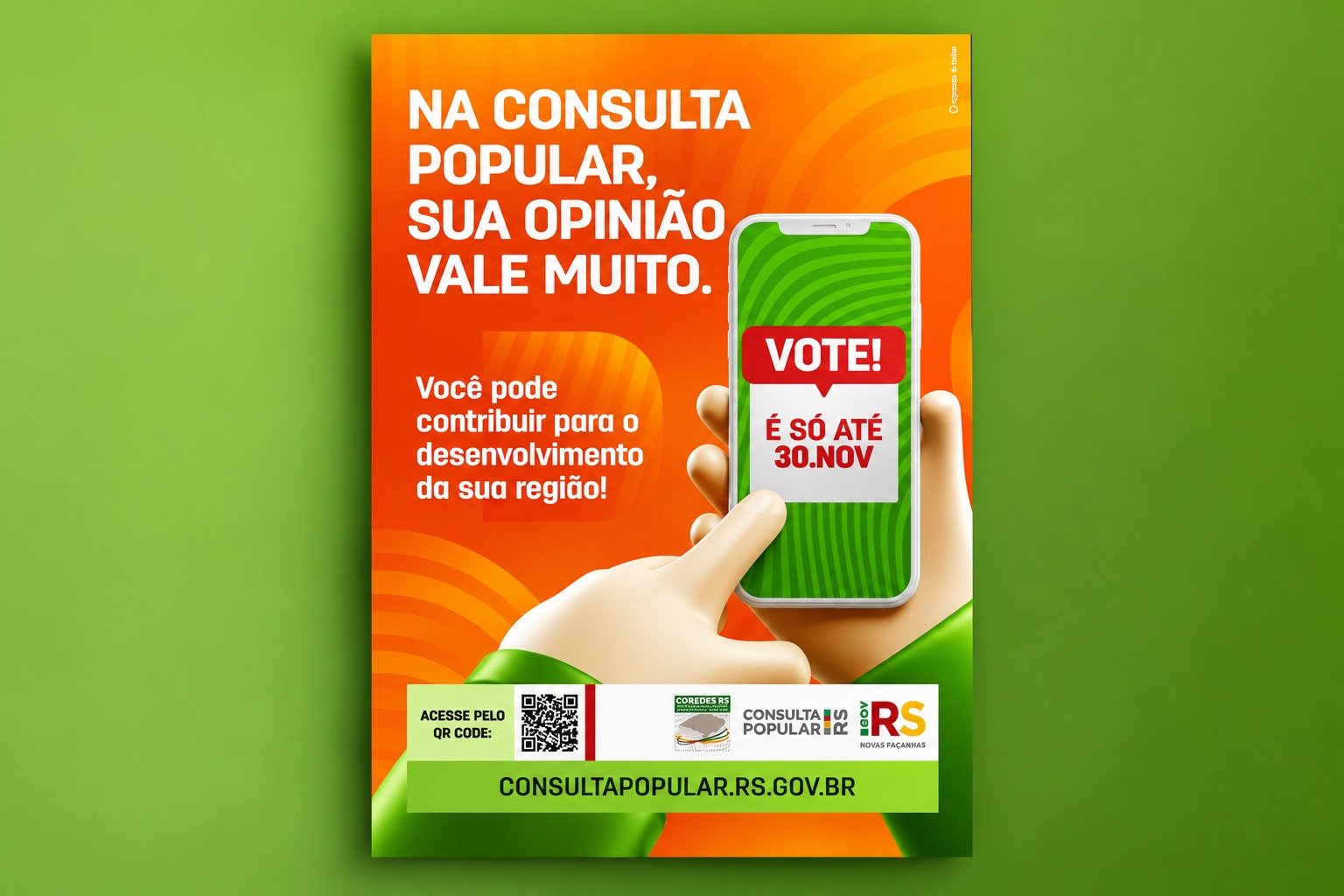 Cartaz da campanha: “Na Consulta Popular, sua opinião vale muito”, com QR code e endereço do site.