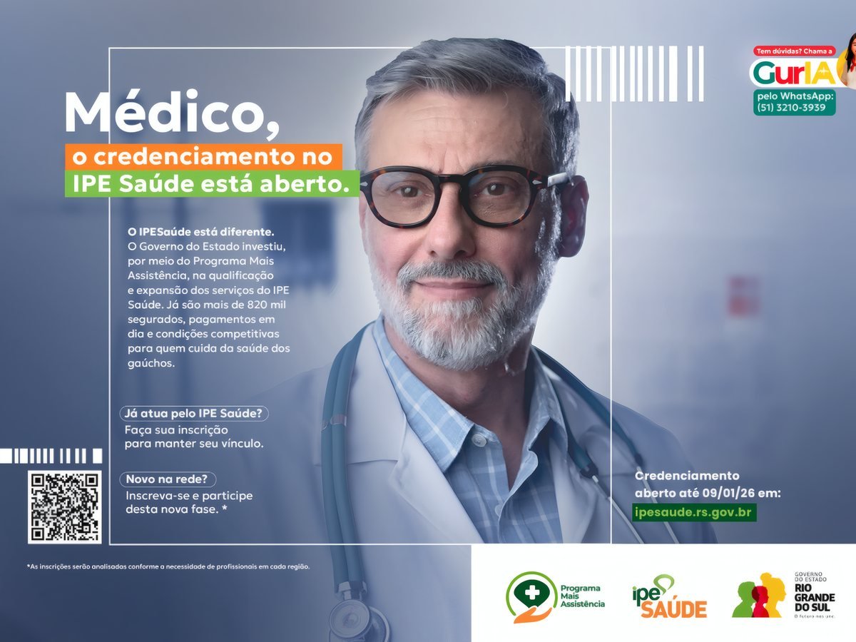 Peça da campanha: médico de jaleco e estetoscópio sorrindo, com o título “Médico, o credenciamento no IPE Saúde está aberto.”