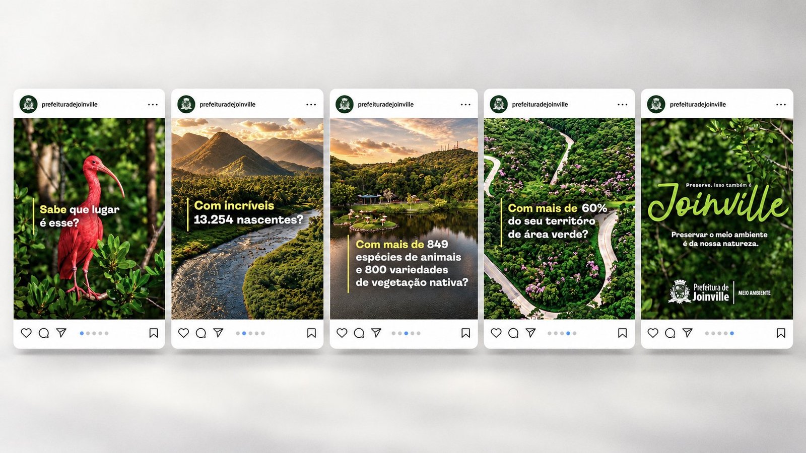 Carrossel para Instagram em cinco cards: “Sabe que lugar é esse?”, “Com incríveis 13.254 nascentes?”, “Com mais de 849 espécies de animais e 800 variedades de vegetação nativa?”, “Com mais de 60% do seu território de área verde?” e a revelação “Preserve. Isso também é Joinville”.