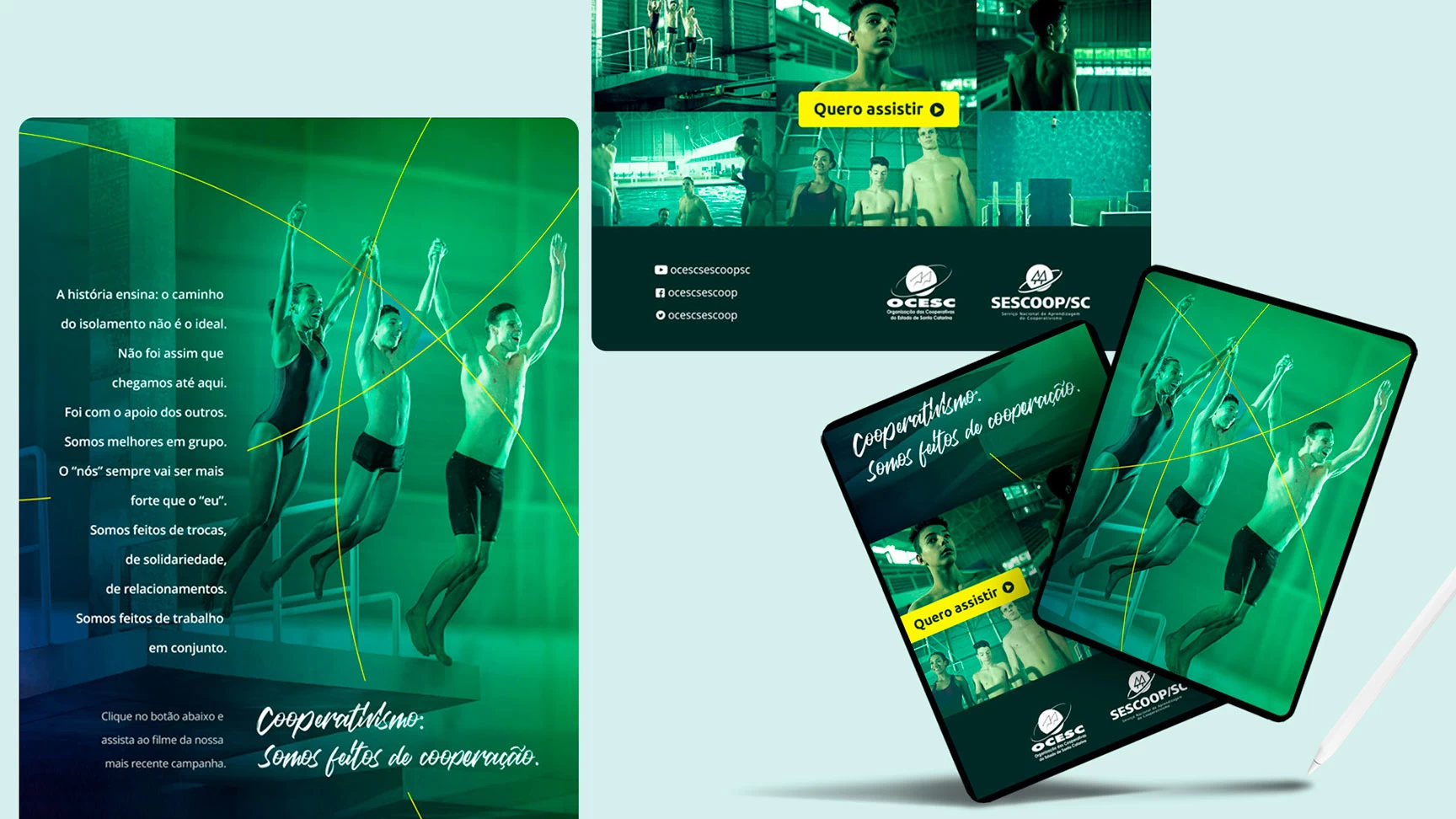 Peça impressa da campanha convidando o público a assistir ao filme, com a assinatura “Cooperativismo: somos feitos de cooperação.”
